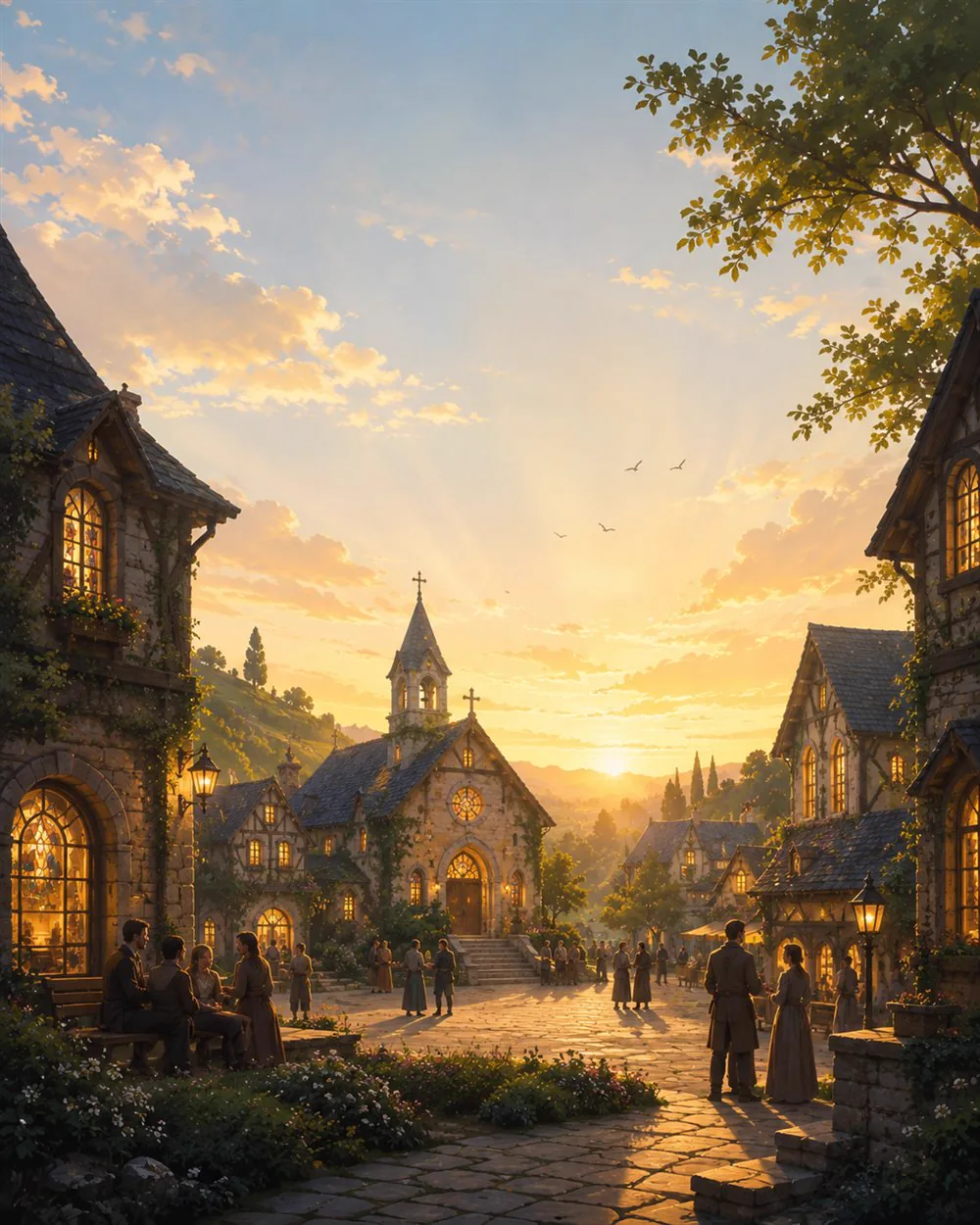 Ilustração da Vila da Cultura vista por dentro: a praça ao entardecer